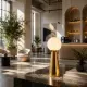 5lamp Lumia Pirinç Renk masa lambası, modern kafe ve karşılama alanındaki koyu mermer yüzey üzerinde